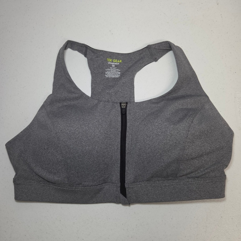 Tek Gear Ultrasstretch‎ Gray Zip Front Sports Bra 1X Racerback Padded Activewear